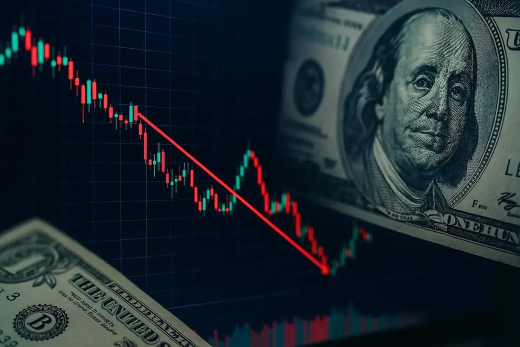 Pantalla con gráficos bursátiles y billetes de dólar, simbolizando la relación entre CEDEARs y el tipo de cambio en Argentina.