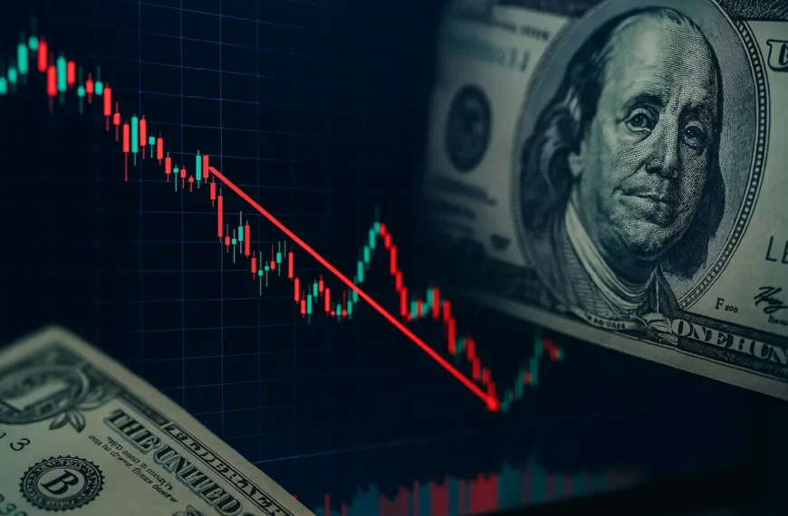 Pantalla con gráficos bursátiles y billetes de dólar, simbolizando la relación entre CEDEARs y el tipo de cambio en Argentina.
