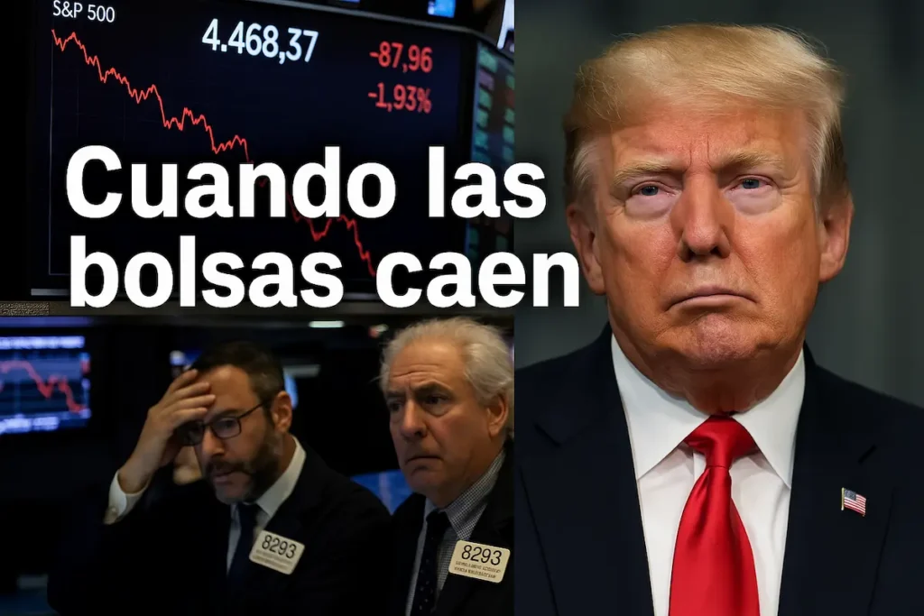 Pantalla con desplome del mercado bursátil junto a una imagen de Donald Trump, ilustrando el impacto de la crisis financiera global de abril de 2025. (imagen creada con IA).