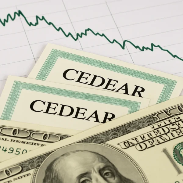 Certificados de CEDEARs superpuestos a billetes de 100 dólares y un gráfico financiero en descenso.