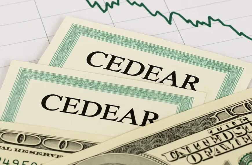 Certificados de CEDEARs superpuestos a billetes de 100 dólares y un gráfico financiero en descenso.