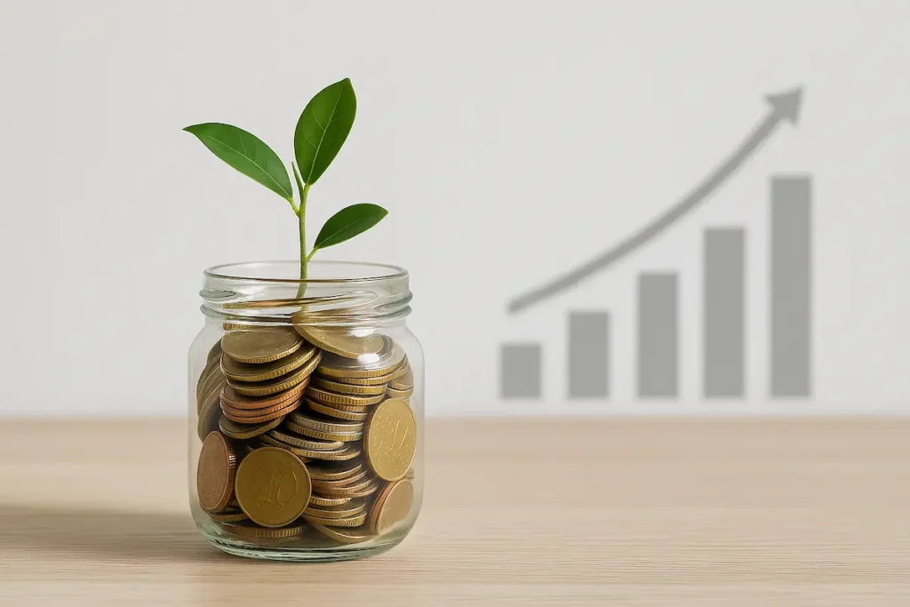 Frasco de vidrio con monedas y planta creciendo, sobre fondo claro con gráfico de barras desenfocado.