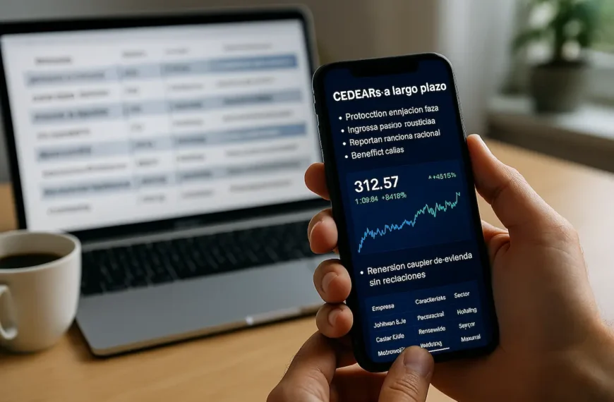 Imagen generada con inteligencia artificial que muestra a una persona consultando CEDEARs en su celular, en un entorno de inversión a largo plazo desde el hogar.