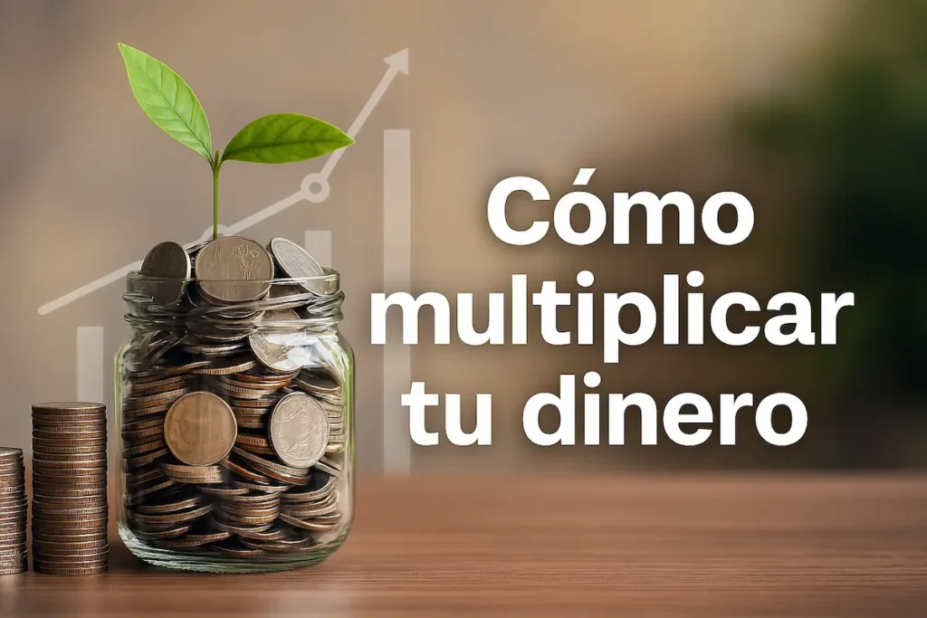 Frasco con monedas y planta creciendo, símbolo de inversión, con texto “Cómo multiplicar tu dinero” sobre fondo claro y gráfico de crecimiento. Imagen creada con IA
