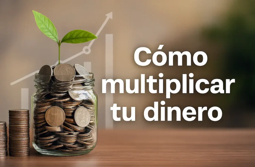 Frasco con monedas y planta creciendo, símbolo de inversión, con texto “Cómo multiplicar tu dinero” sobre fondo claro y gráfico de crecimiento. Imagen creada con IA
