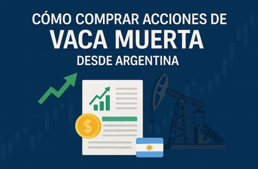Ilustración de una inversión financiera en Vaca Muerta, con gráficos de crecimiento, pozo petrolero y bandera argentina, representando acciones bursátiles.