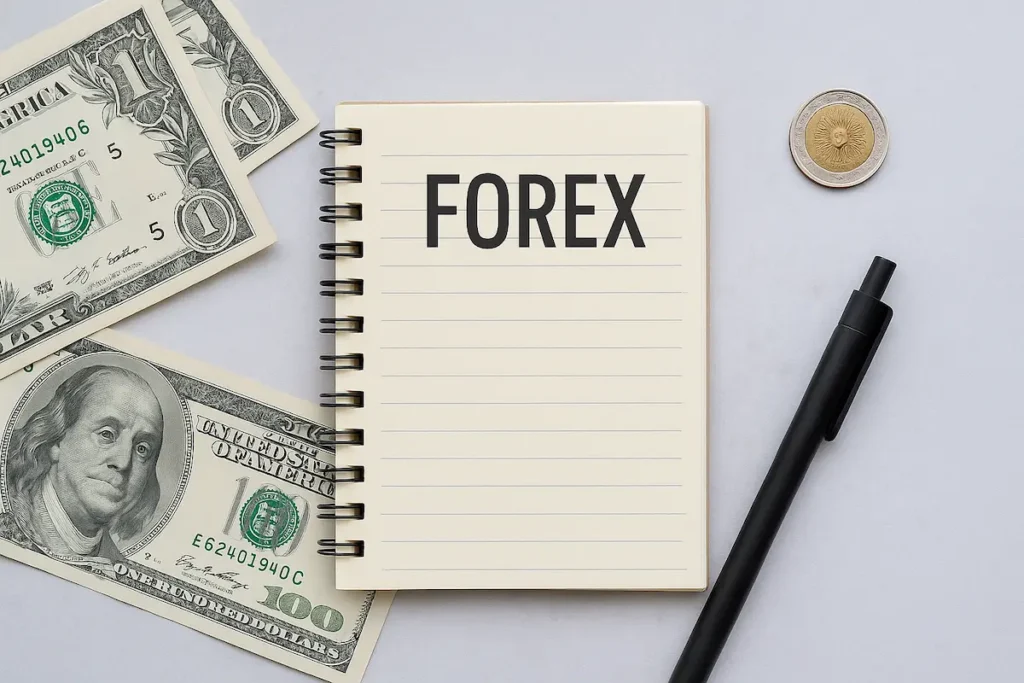 Mesa con calculadora, billetes y monedas, representando la planificación de inversión en Forex hecha con IA