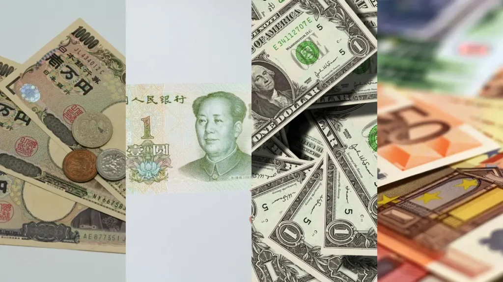 Collage con imágenes de yuanes, yenes, euros y dólares - principales monedas en Forex