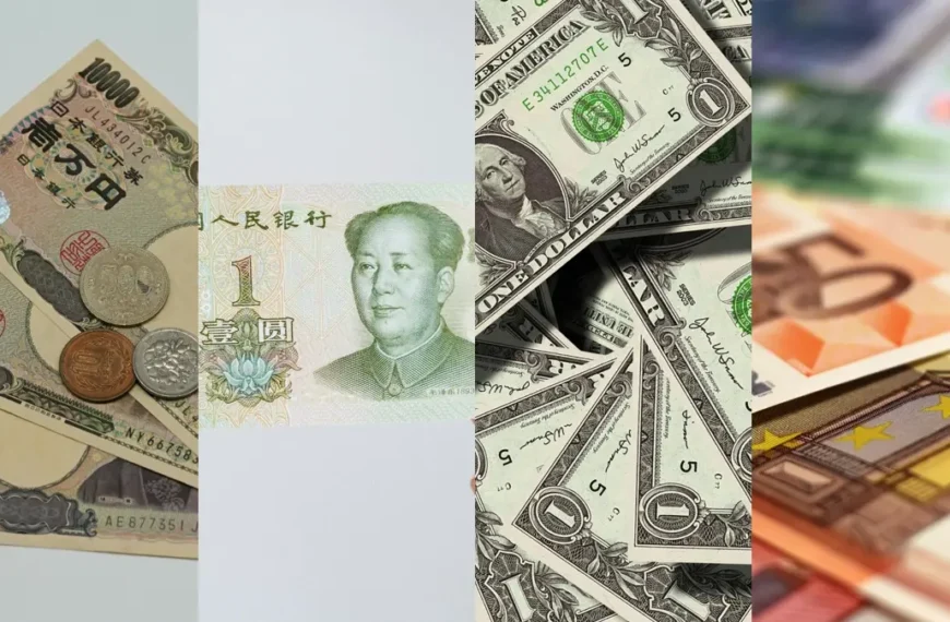 Collage con imágenes de yuanes, yenes, euros y dólares - principales monedas en Forex