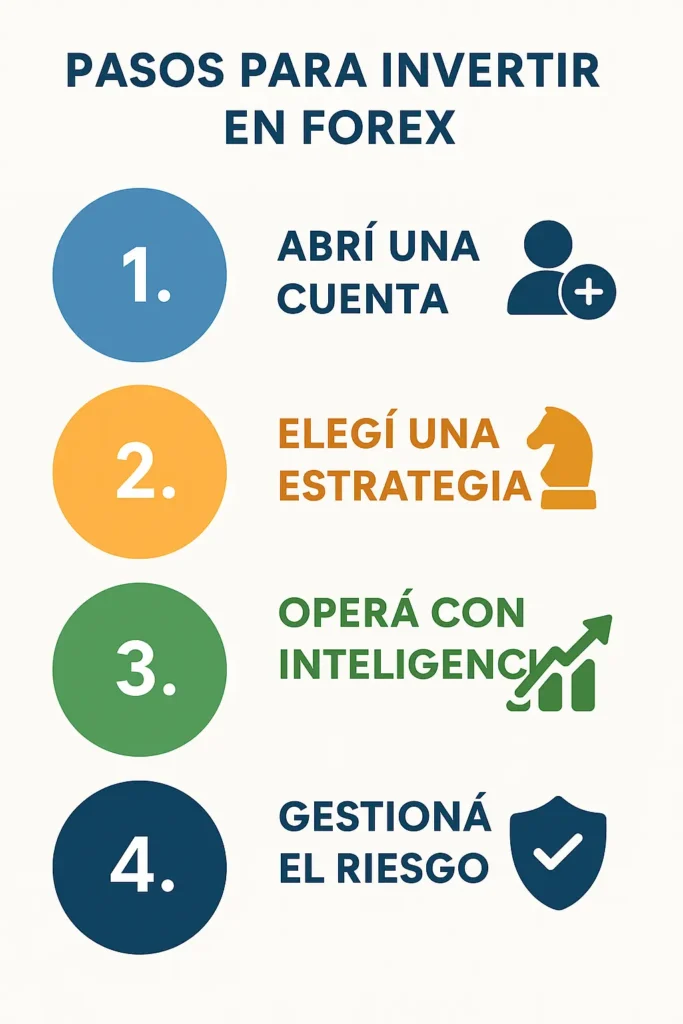 Infografía con los principales pasos para invertir en el mercado Forex desde Argentina