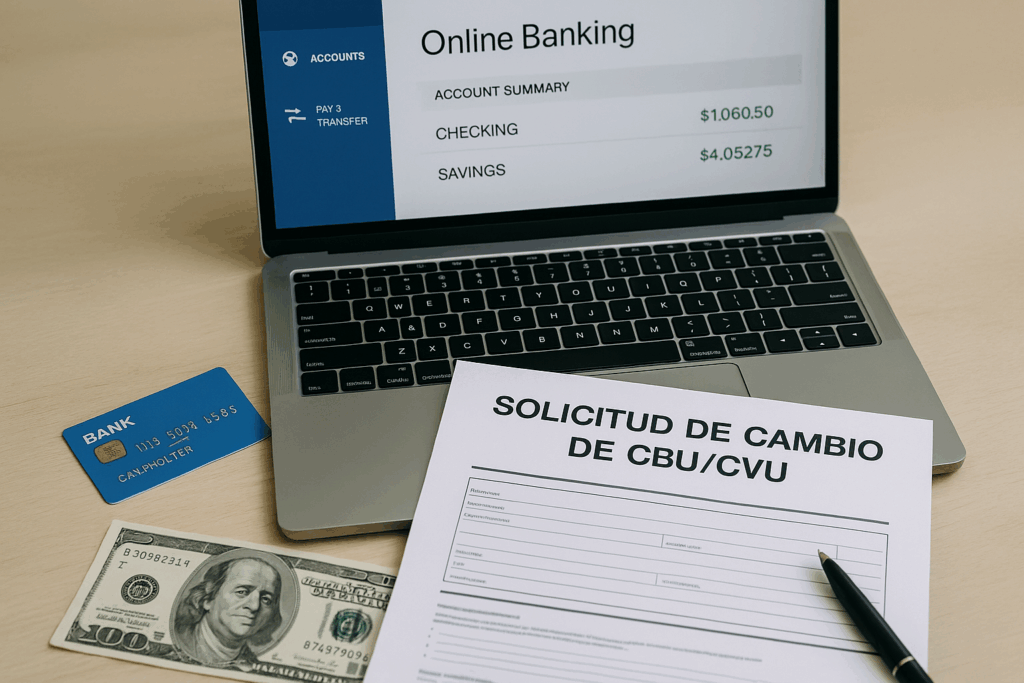 Escritorio con tarjetas bancarias, documentos y una calculadora, representando el proceso de cambio de banco en Argentina – imagen generada con inteligencia artificial.
