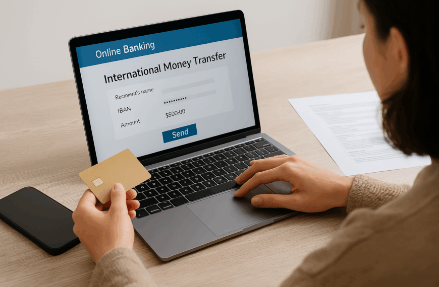 `Persona haciendo una transferencia internacional desde su computadora, con billetes de distintas monedas extranjeras sobre la mesa – imagen generada con inteligencia artificial`