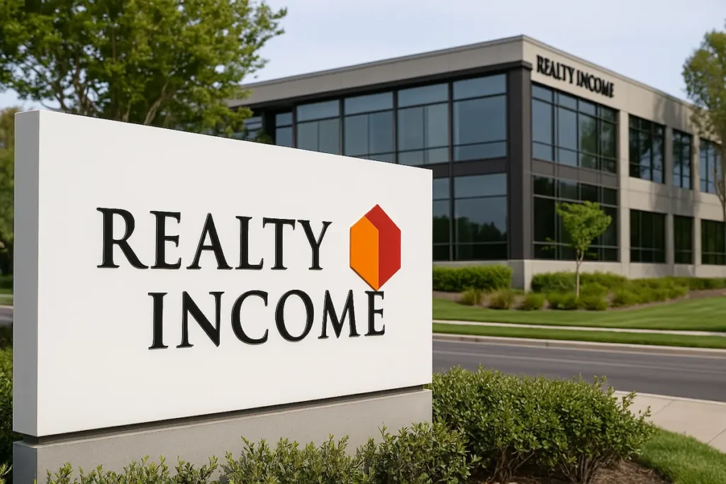 Sede de Realty Income con cartel institucional en primer plano y edificio corporativo al fondo, empresa que paga dividendos mensuales y cotiza como CEDEAR en Argentina. (hecho con IA)