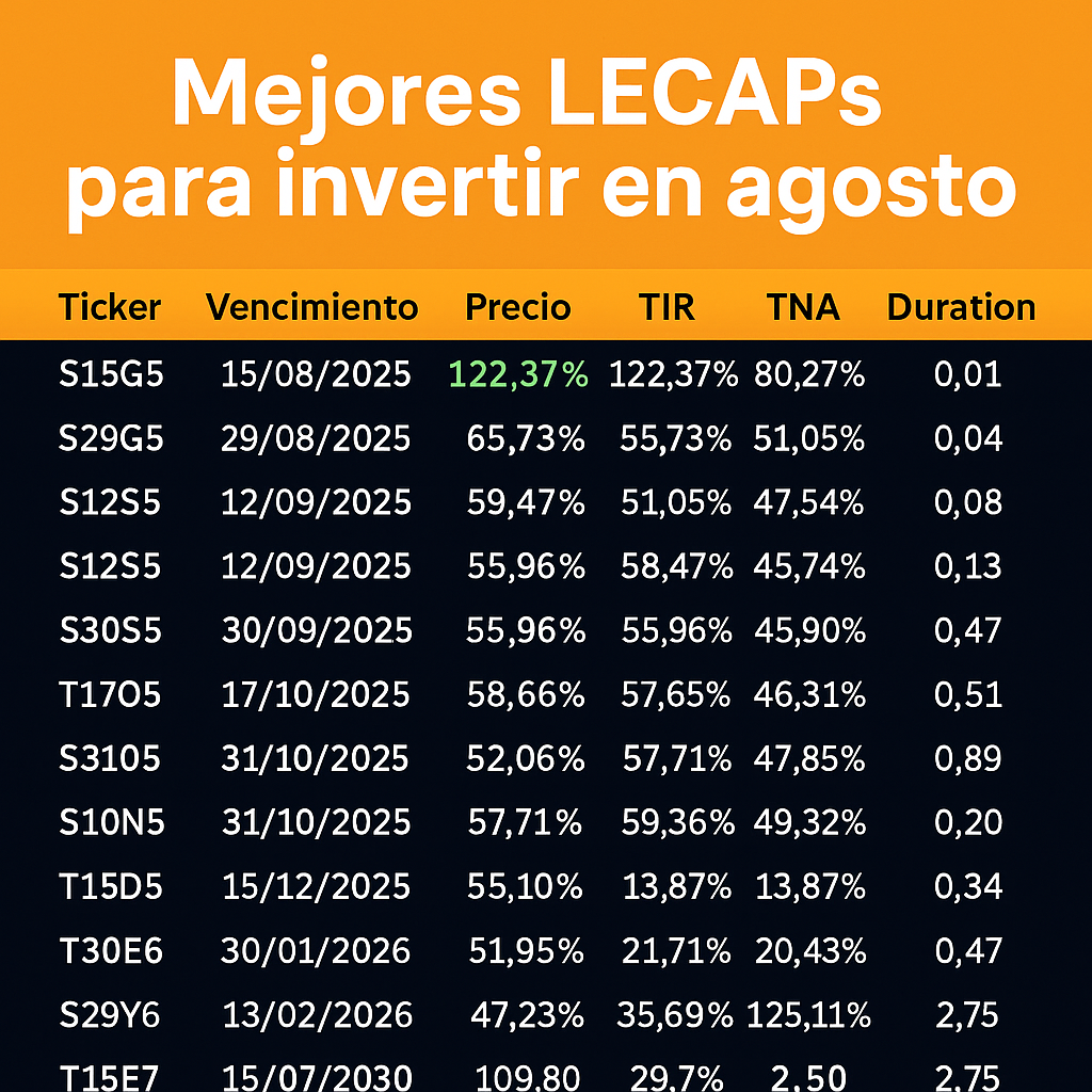 Tabla de las LECAPs con mayor rendimiento en agosto 2025 en Argentina