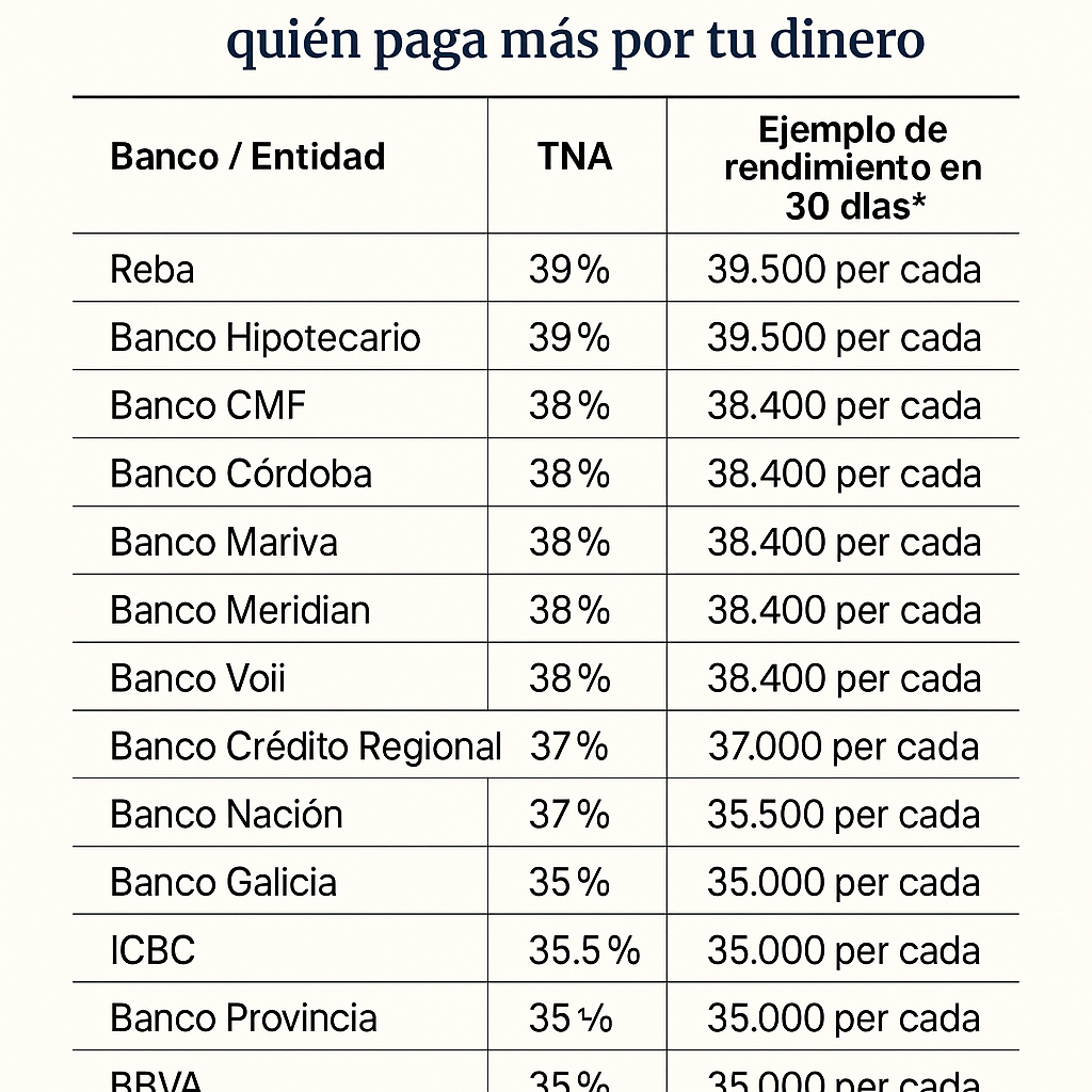 Ranking actualizado de tasas de plazo fijo en agosto 2025. Conocé qué bancos pagan más y cuánto podés ganar invirtiendo en pesos